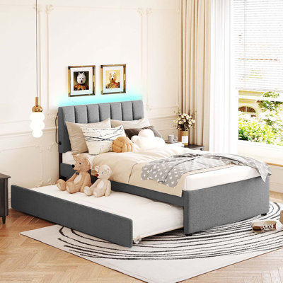 Lit plateforme tapissier simple avec lit gigogne Teddy