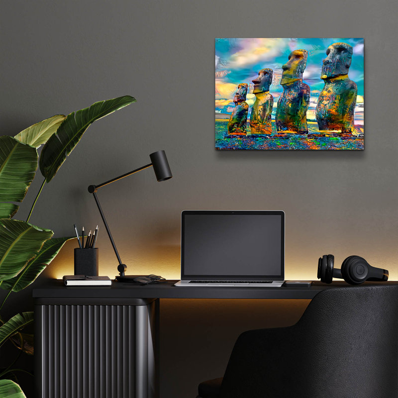 «Polynésie Moai, île de Pâques» par Pierre Gavidia, art mural en verre acrylique, H 12 po x l 16 po x P 0,13 po