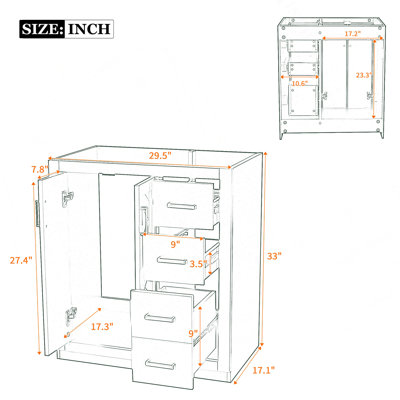 Ensemble de meuble-lavabo autoportant avec cadre en bois massif 30 po, 3 tiroirs et portes à fermeture douce
