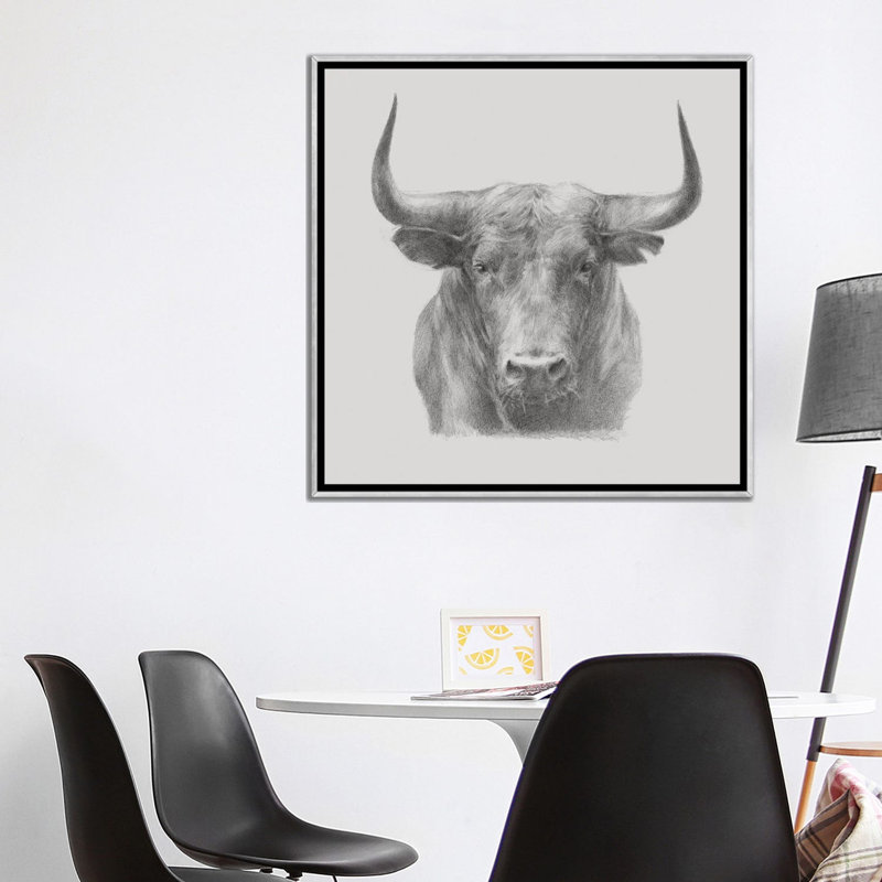 " Black Bull " by Ethan Harper, 37" H x 37" W x 1.5" D, Silver Framed, No Mat