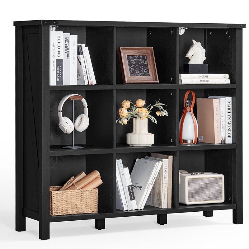 9 Cube Bookcase, Farmhouse 47 Inch Wide Black Bookshelf, Wooden 3 Tier Display Large Open Book Shelf, Vintage Horizontal Book Case for Home Office, Cubby Storage Cabinet for Living Room