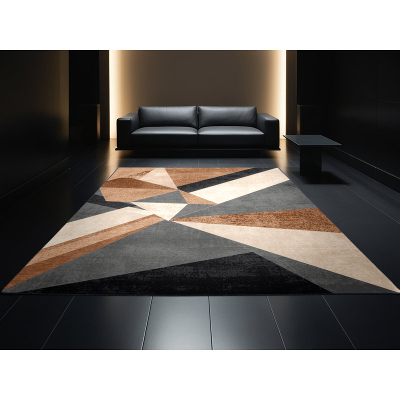 Tapis géométrique moderne lavable à la machine en brun - reliure noire, 6 po de diamètre
