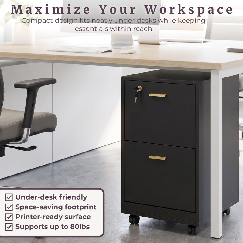 Lockable Engineered Wood 2-Drawer Mobile File Cabinet, Black