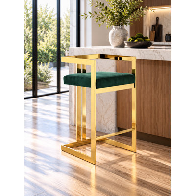 Pangea Home Counter Stool – Modern Counter-Height Upholstered Velvet Stool with Steel Metal Legs- Dining Room, Bar, Kitchen Island, and Events - Green and Gold Counter Stool