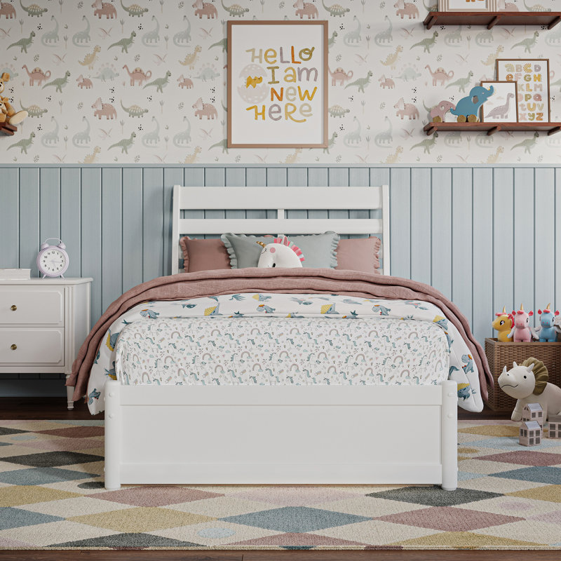 Lit plateforme en bois massif Lamareon avec pied de lit et lit gigogne, Blanc, Simple