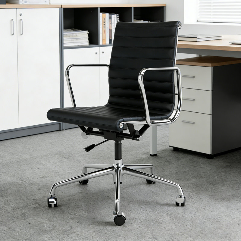 Mid Back Genuine Leather Office Chair With Arm And Aluminum Frame, Computer Desk Chair, Black