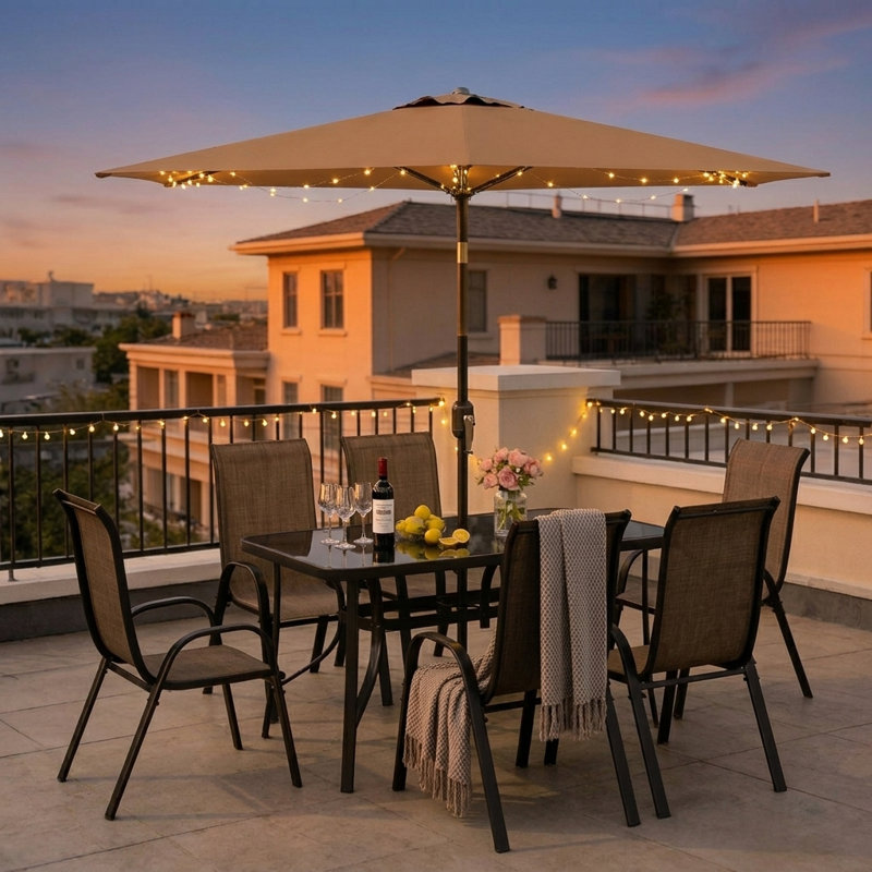 Ensemble de salle à manger durable pour 6 personnes avec parasol compatible solaire; Ensemble de patio 8 pièces résistant aux intempéries pour la cour et la terrasse