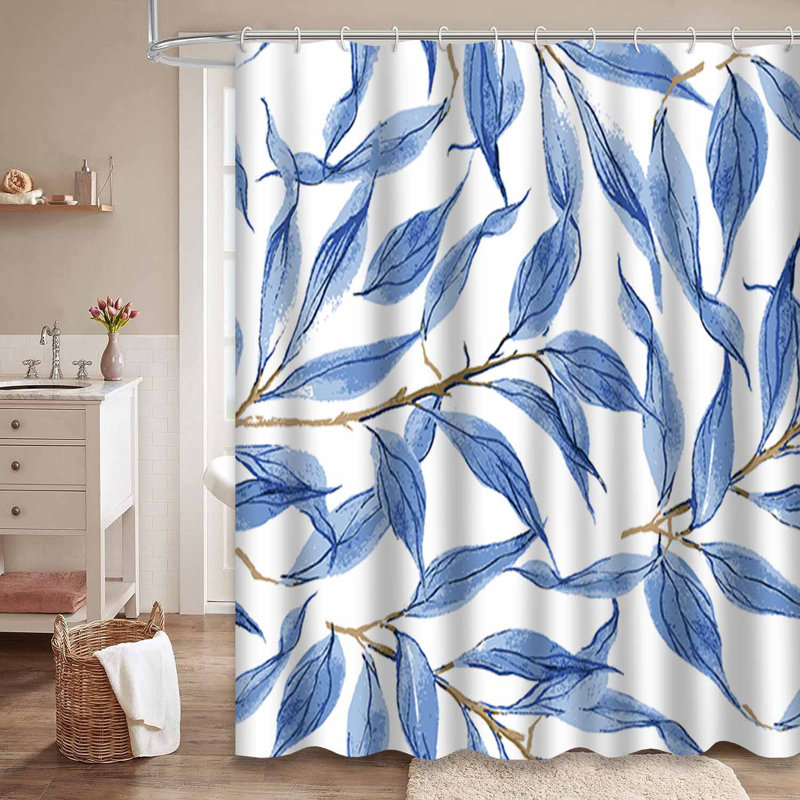 Rideau de douche aquarelle à motif de feuilles bleues et 12 crochets, L 72 po x l 78 po