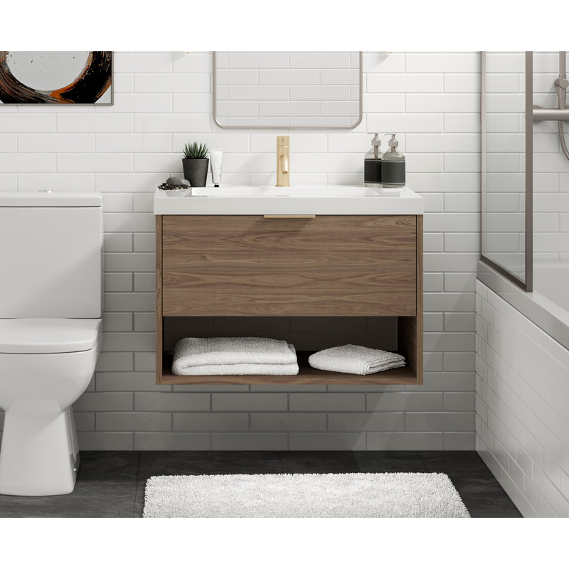 Modo 42" W Wall Mounted Single Bathroom Vanity, Satin Brass, Gloss White/8" Widespread, Nocino