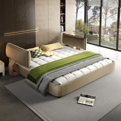 Très grande base de lit Cloud - tête de lit mobile surdimensionnée rembourrée, revêtement en chenille, coin rond, lattes en métal et en bois massif, sans sommier, chameau