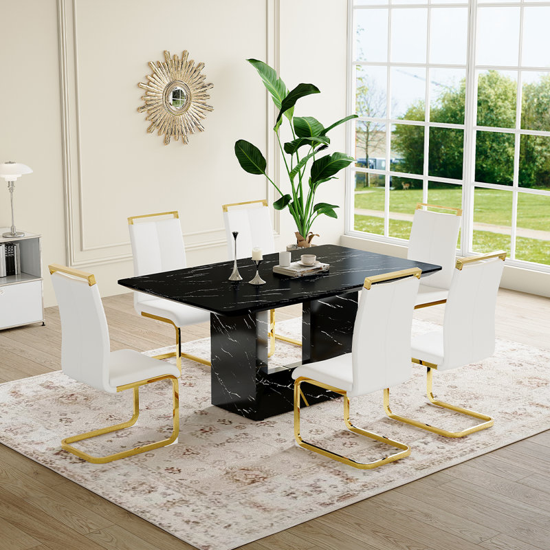 Ensemble de cuisine et salle à manger Modern, table de salle à manger en marbre avec chaises rembourrées, Noir, Blanc / Doré