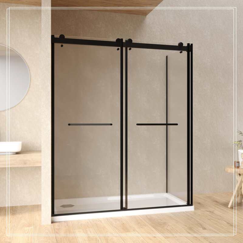 Porte coulissante double en L, verre trempé de 8 mm, poignées en acier inoxydable, rails de guidage carrés, noir mat