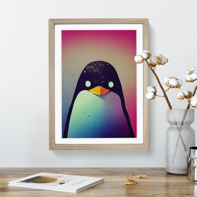 Penguin In Colour No.3 Abstract - Wall Art, 34cm H x 25cm W, Oak Picture Frame, White