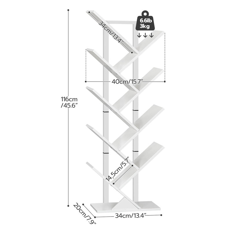 Bibliothèque en arbre, (9 tablettes) H 45,6 po x l 13,4 po x P 7,9 po, Blanc