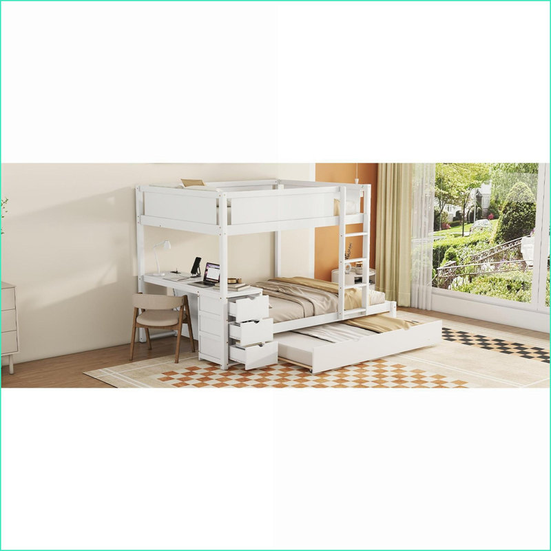 Full-Over-Full Bunk Bed with Twin Trundle, Pinewood-Plywood-MDF Frame, Storage Drawers &amp; Desk Outlets, White for Small Spaces