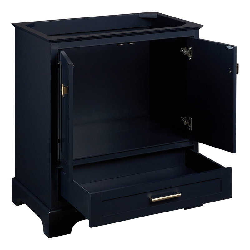 Quen 30" Freestanding Single Basin Vanity Set with Cabinet, Vanity Top, Single, Midnight Navy Blue, Feathered White Quartz