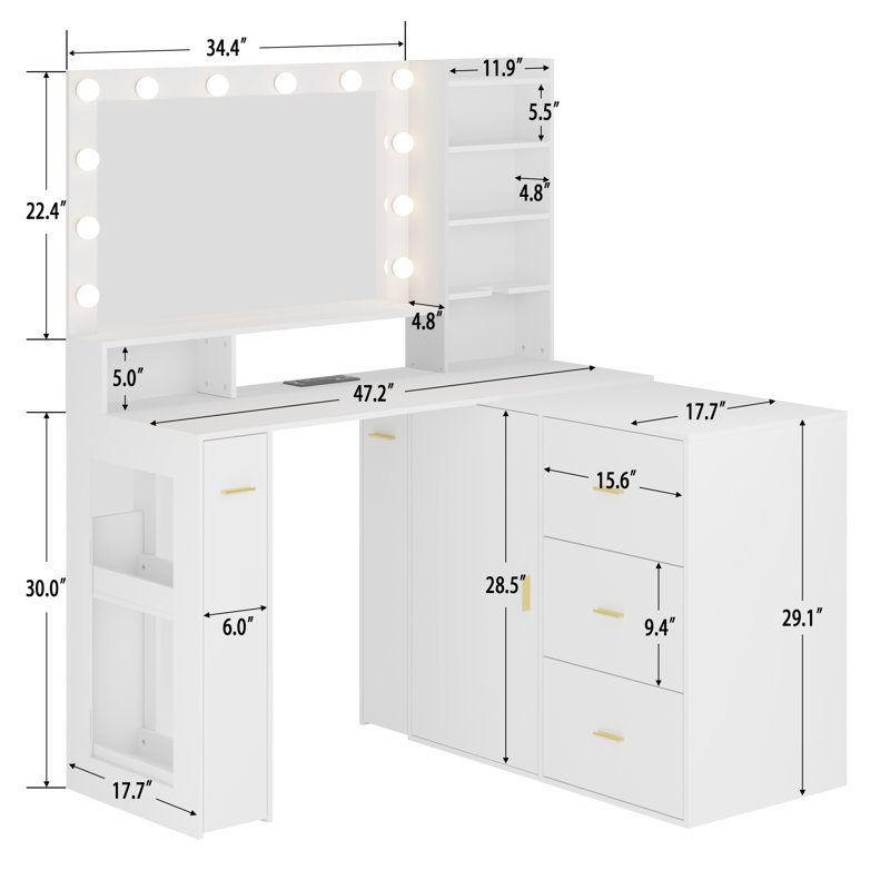 Bureau de maquillage avec miroir lumineux et station de charge, meuble-lavabo de coin, forme de L