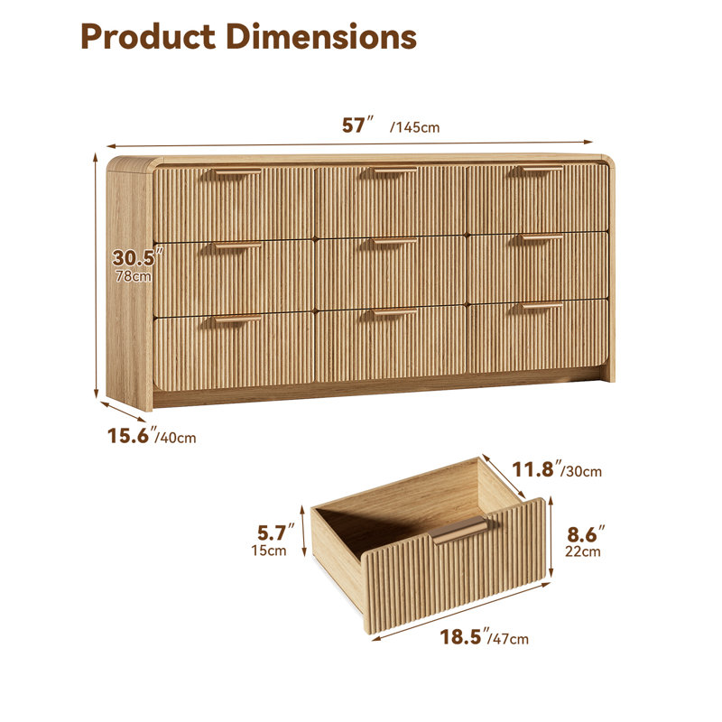 9-Drawer Dresser For Bedroom, 57''W Modern Storage Dressers Chest Of Drawers W/ Curved Edge, Tan