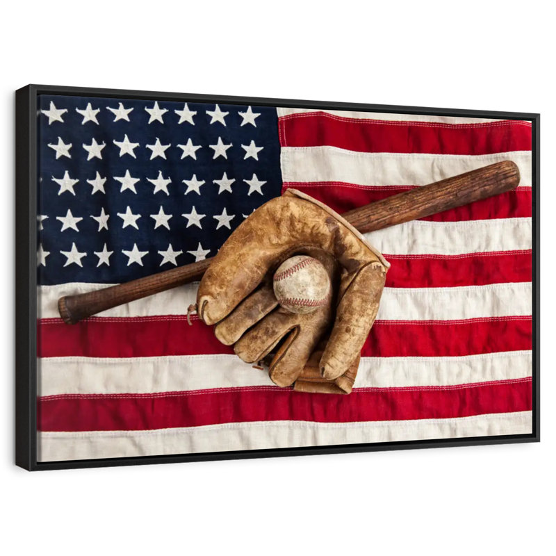 Drapeau américain de l'équipement de baseball, 25 po x 17 po, Cadre flottant noir