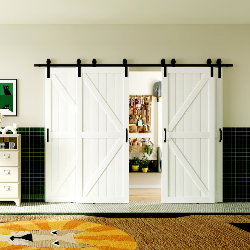 Porte de grange coulissante en forme de K avec ensemble de quincaillerie, 4 panneaux, L 153,14 po x H 84 po