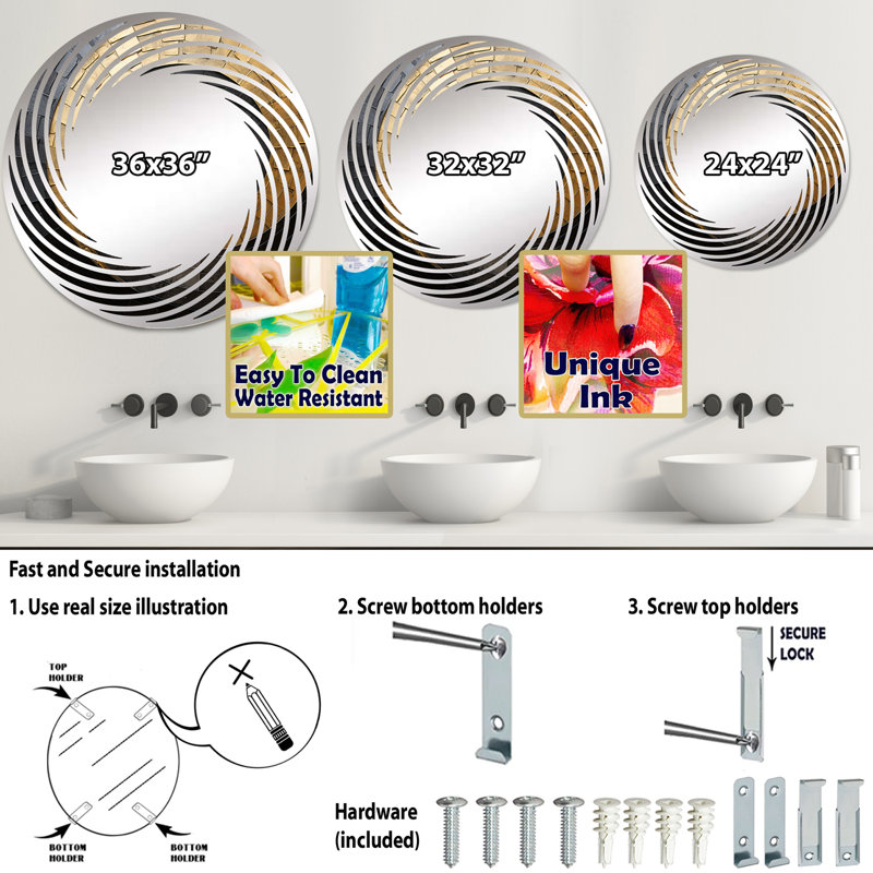 Or noir et minimalisme spirales poteries - Miroir mural en spirale MIR106142 C, 23,6 po x 23,6 po