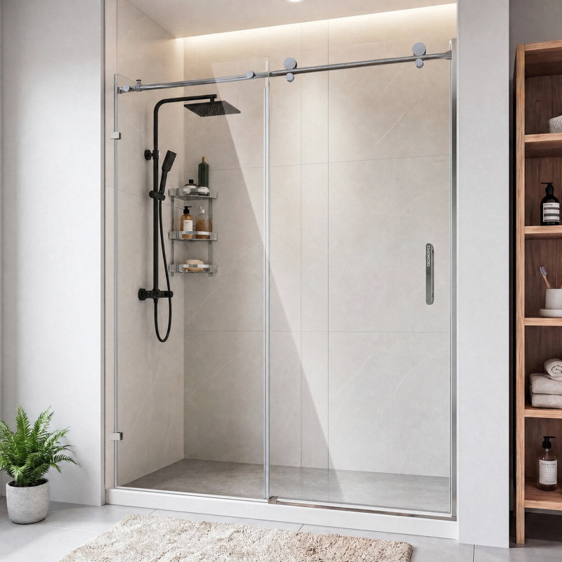 56-60" W X 76" H Frameless Shower Door, Magnetic Sliding Glass Shower Door, 5/16"(8mm) Thick Tempered Glass, Leak-proof Seals, Stainless Steel Hardware, Easy-clean Nano Coating, Bright Silver
