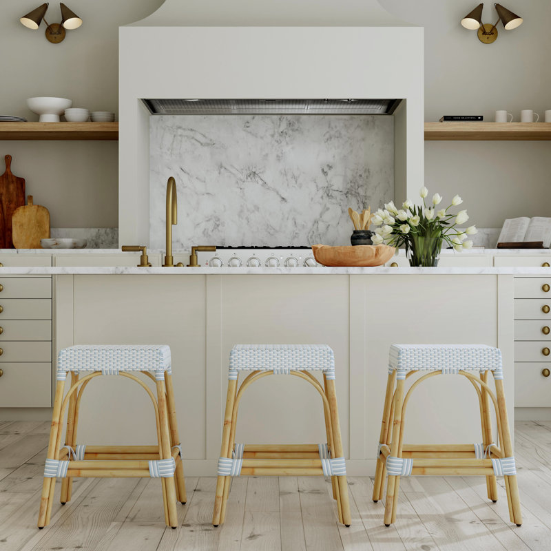 Lennart Counter/Bar Stool, White/Sky Blue Dot / Natural Rattan Frame, Counter Stool (24.5" Seat Height)