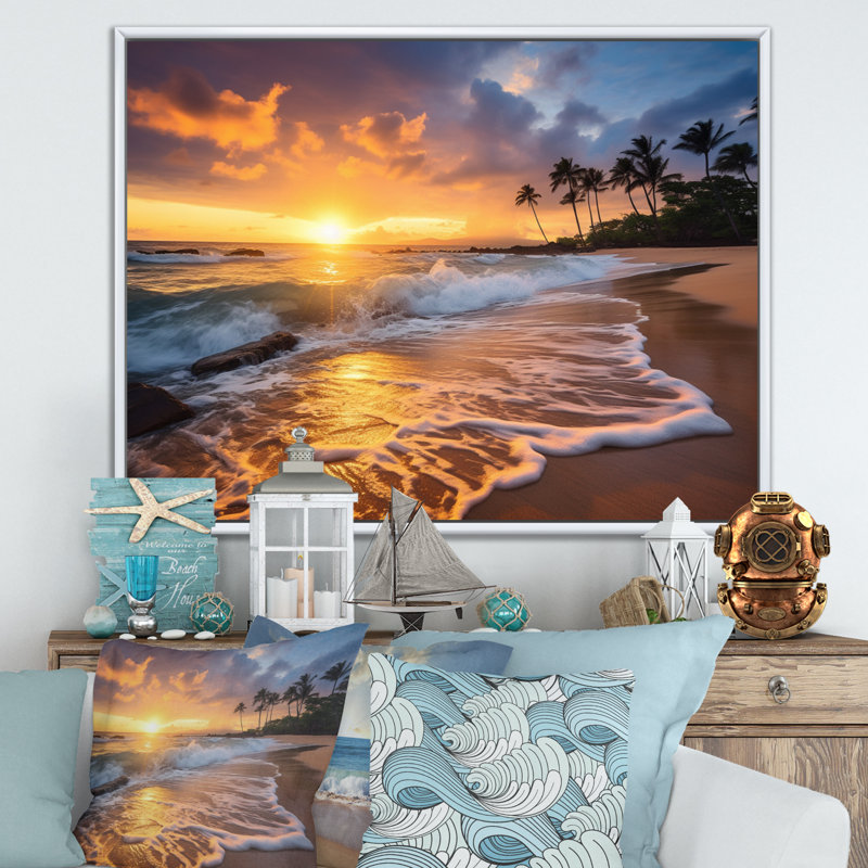 Photo de plage, coucher de soleil, Serenade IX - art mural plage côtière, H 24 po x l 32 po x P 1 po, Cadre flottant blanc