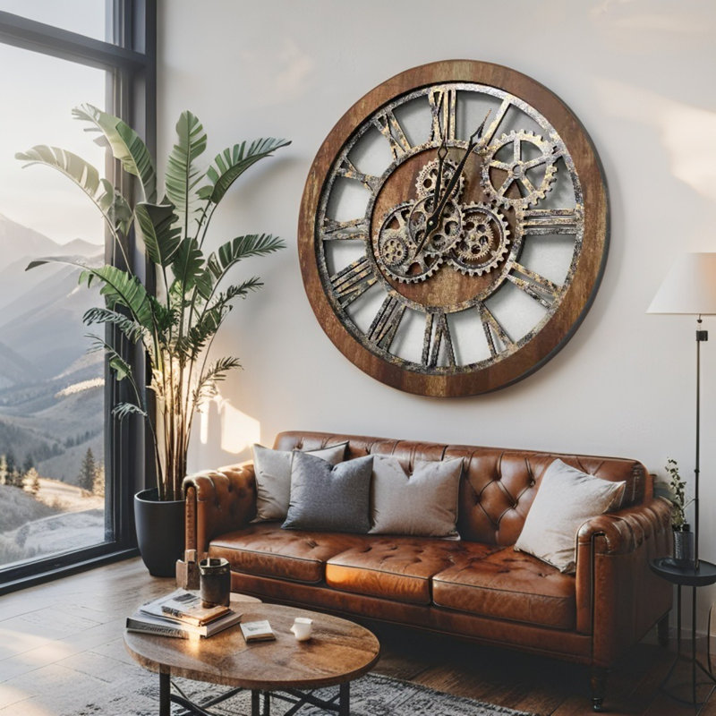 Wall Clock 24" Round Oversized for Living Room decor with Real Moving Gears America Collection, Vintage Brown