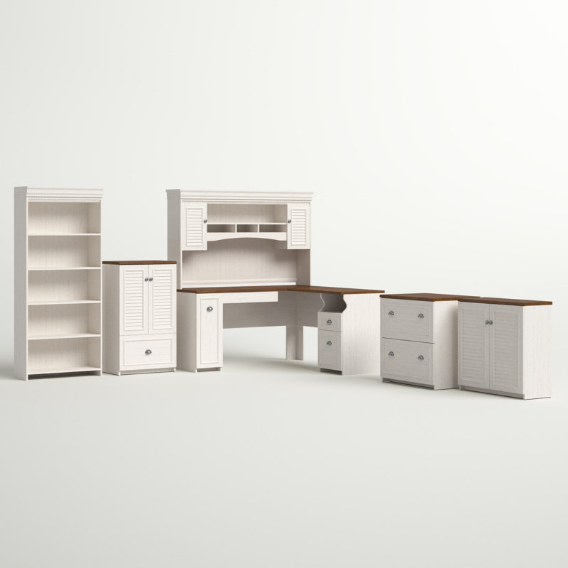 Huckins 5 Piece Computer Desk Office Set, White/Tea Maple