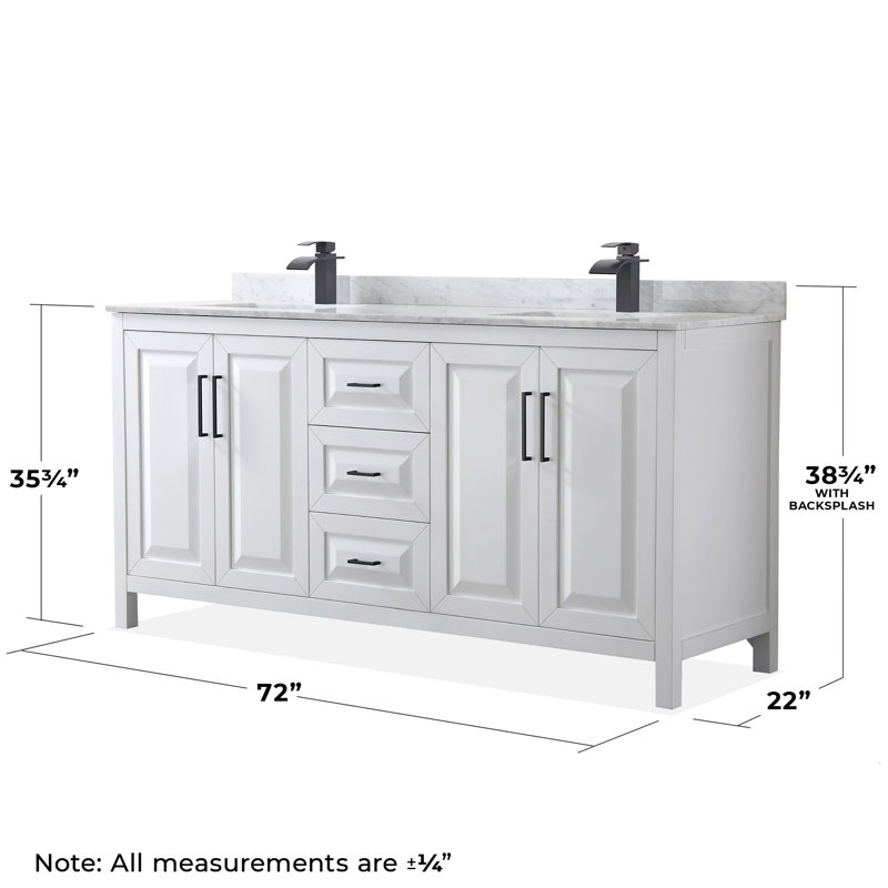 Daria 72'' W Double Vanity, White Carrara Marble, Dark Blue, Brushed Gold