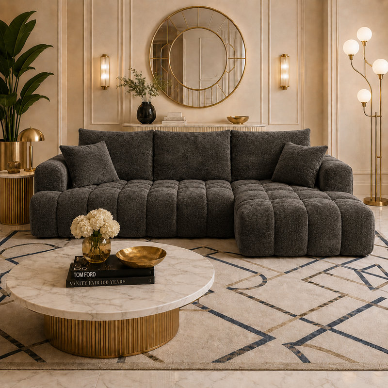 Classic Boneless L-shaped Chenille Fabric Upholstered 3-Seater Sectional Sofa with Two Pillows, Right Hand Facing