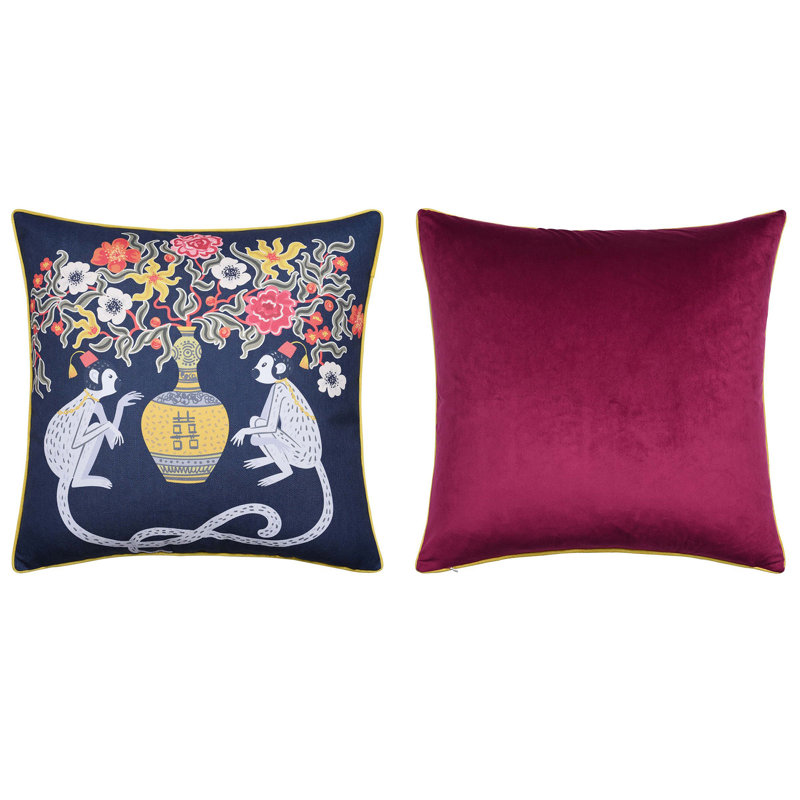 Floral Print and Maroon Velvet Double Sided Pillow