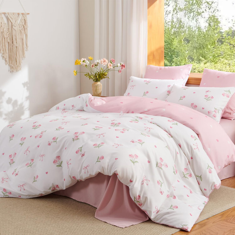 Ensemble de housse de couette réversible rose blanc et floral, Housse de couette grand et 2 taies d'oreiller stan