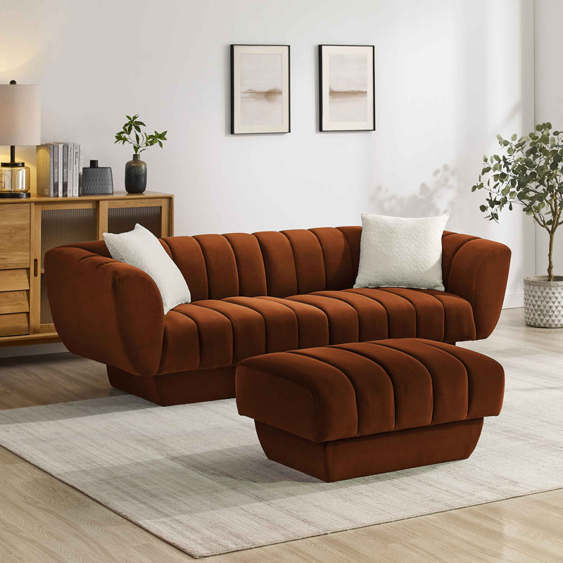 MINIMORE Modern Style 88.2''W Charlotte 3Seater Chesterfield Sofa with Ottoman, Curry Velvet