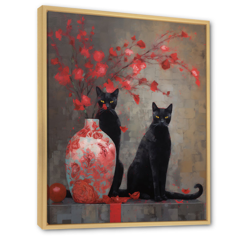 «Black Cat» dans un vase avec fleurs rouges - reproduction d'art, H 32 po x l 24 po x P 1 po, Cadre naturel flottant