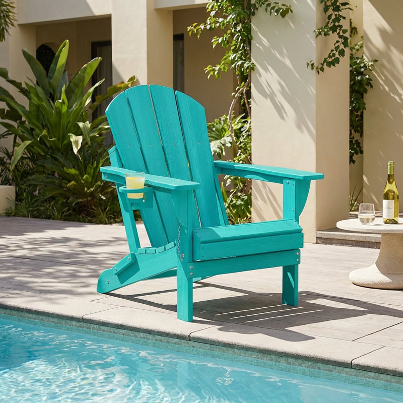 Mallette Adirondack Wood Texture HDPE Foldable Chair Pit Chair with Cup Holder, Lake Blue