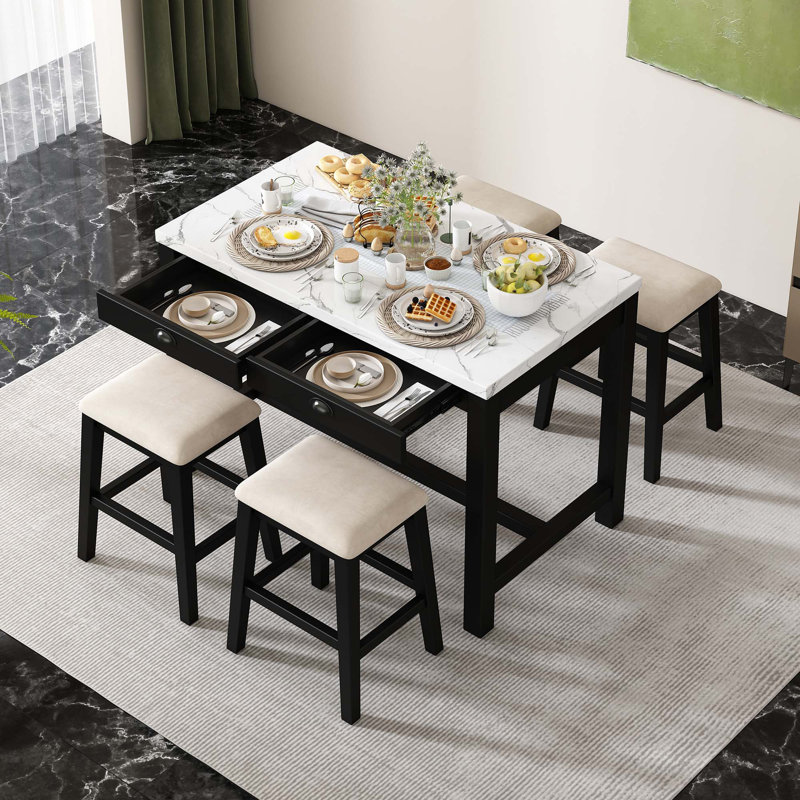 Ensemble de table de salle à manger, table de cuisine moderne à hauteur de comptoir et chaises avec tiroirs de rangement, 3