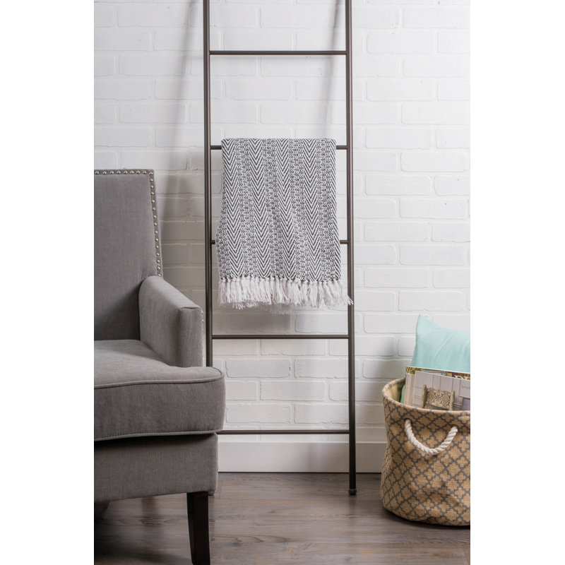 Chic Herringbone Stripe Cotton Throw with Sherpa Backing, 50"x60" - Black