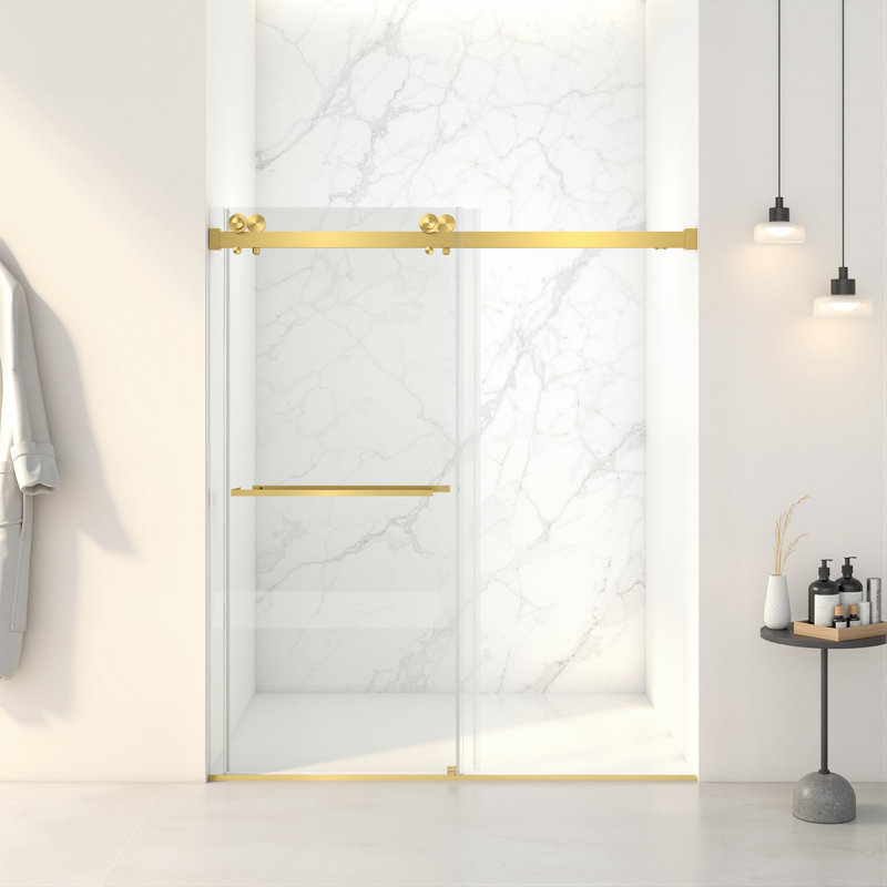 Porte de douche coulissante double sans cadre de 56 à 60 po x H 70 po, verre trempé clair Sgcc de 5/16 po (8 mm) d'épaisseur, couche facile à nettoyer à double face, finition or brossé avec tampon