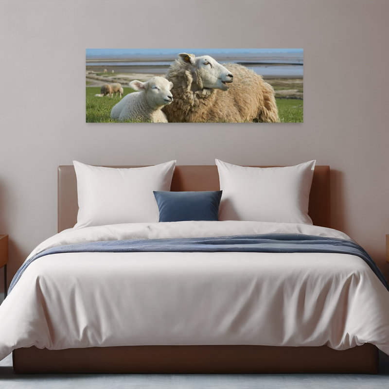 «Peaceful Ewe And Lamb Abstract Contemporary Landscape Nature», art mural, H 16 po x l 48 po