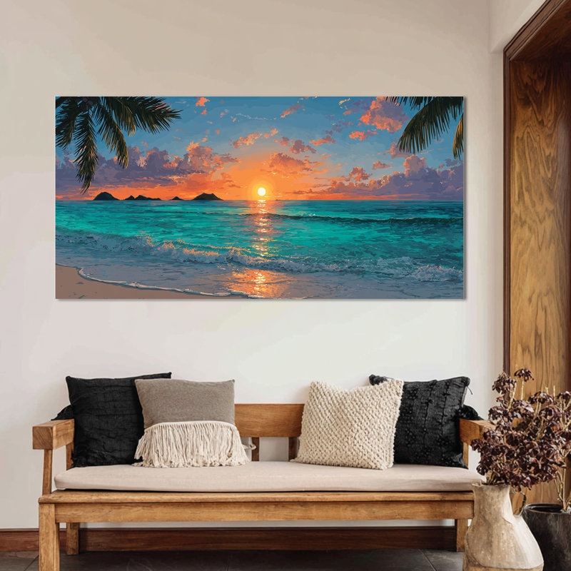  Très grand art mural sur toile, coucher de soleil océan tropical