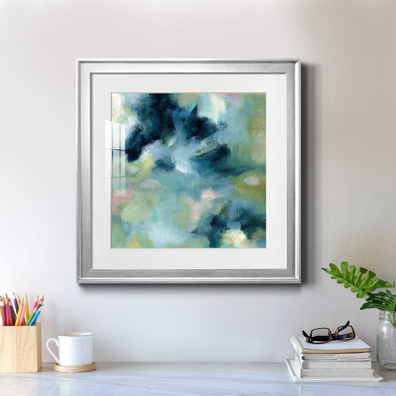 Jardin d'eau - peinture encadrée, Papier avec cadre argenté, H 22,5 po x l 22,5 po x P 1,5 po