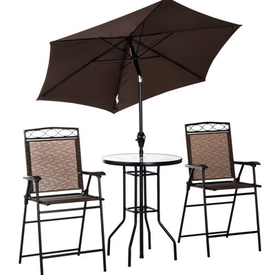 4 Piece Patio Dining Furniture - 2 Folding Chairs, Adjustable Angle Umbrella, Brown. Steel Build, For Parties Compilation In Brown Tempered Table
