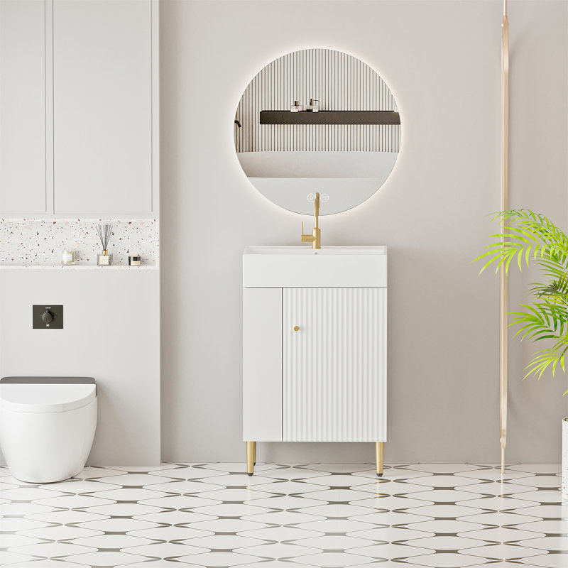 Meuble-lavabo à tablettes ouvertes 21,6 po avec lavabo en céramique et porte à fermeture en douceur, Doré