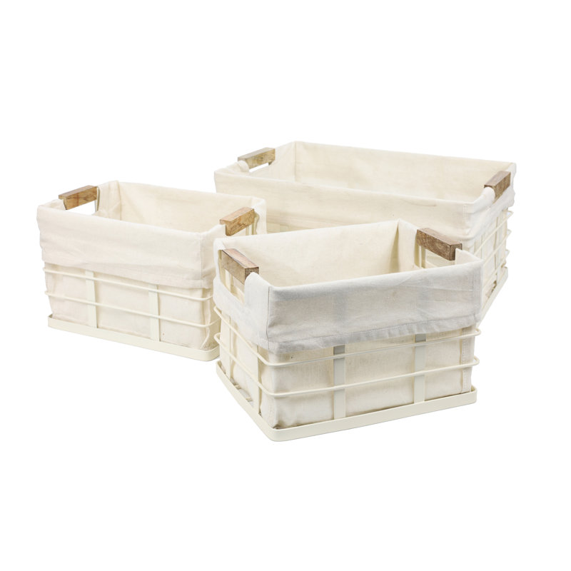 Callan Vintage Industrial Handmade Wire Metal Nesting Storage Baskets with Wood Handles and Fabric Liner  (Set of 3), Almond