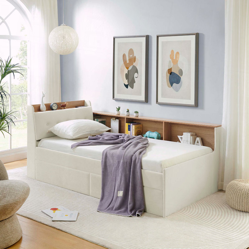 Velvet Daybed With Storage Wireless Charging LED Lights, Beige