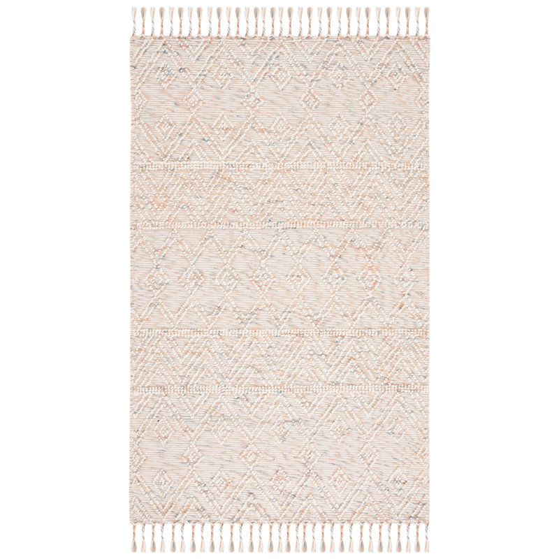 Leming Hand Loomed Wool/Cotton Geometric Rug in Ivory/Blue, Rectangle 4' x 6'