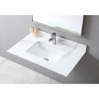 37Inch Bathroom Vanity Top With Gold Sintered Stone Finish, Ceramic Rectangular Sink And Faucet Socket - Modern Appeal 37" Made Of Stone, Hole Classy Selection