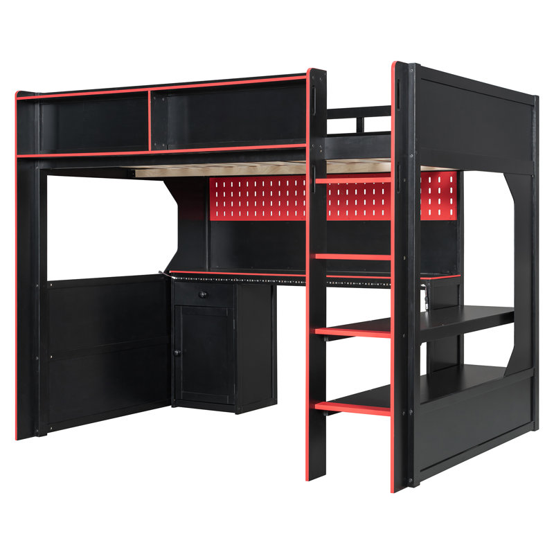 Lit mezzanine Gaming avec bureau éclairé, prises de courant, panneau perforé, tablettes et armoire multi-rangement